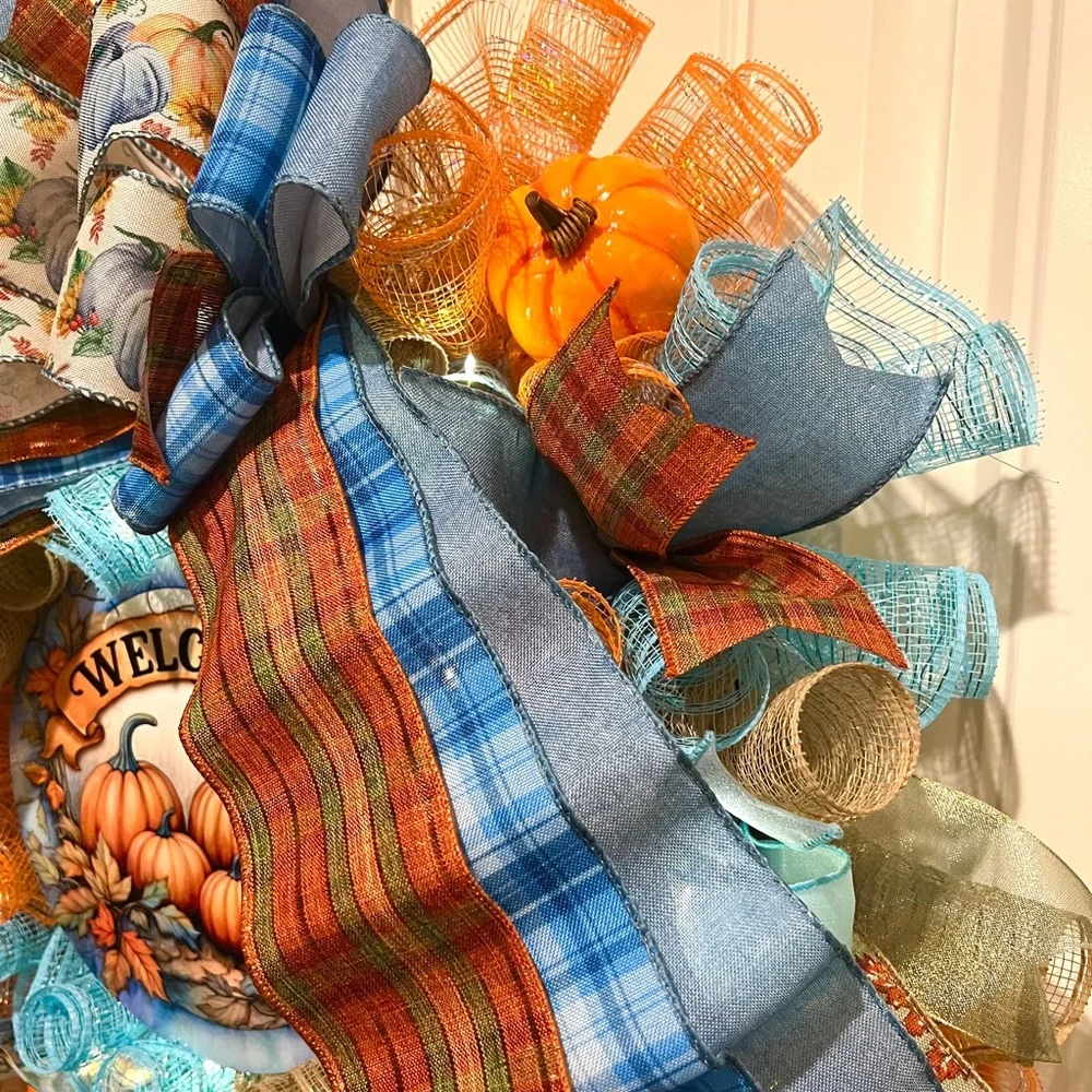 Handmade Fall Autumn Blue Thanksgiving Ribbon Welcome Door Wreath Leaf 22 in LED